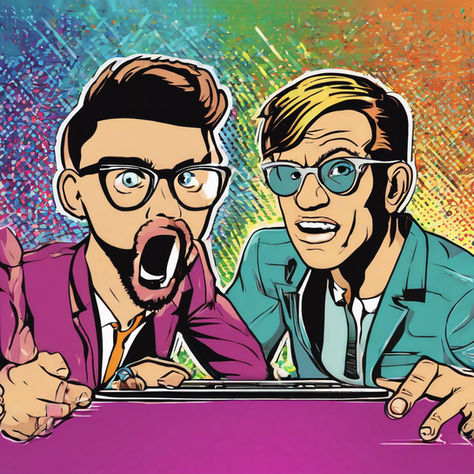 Two animated men with glasses and vibrant clothing express surprise against a colorful, textured background. Bold comic-book style.