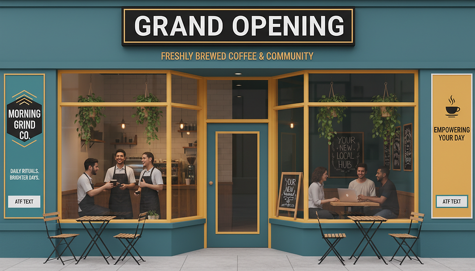Local coffee shop storefront with grand opening sign