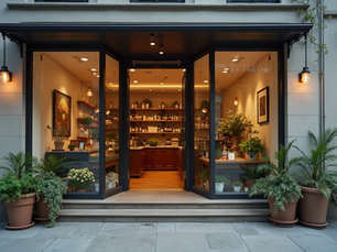 Eye-level view of a small business storefront with a welcoming entrance