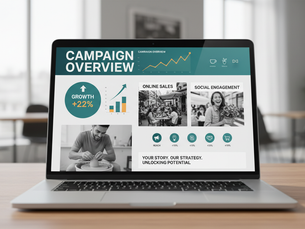 Eye-level view of a laptop screen showing digital marketing analytics