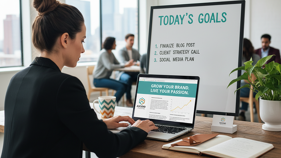 Eye-level view of a small business owner writing content on a laptop