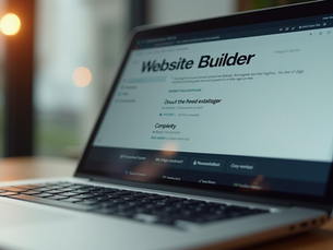 A laptop displaying the words "Website Builder" on the screen, representing tools used to create professional websites.