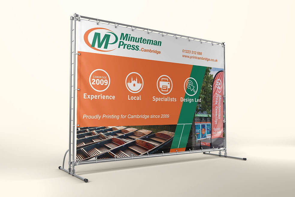 Large Printed PVC banner displayed on metal frame. Printed design included Minuteman Cambridge logo, print Cabridge website and business icons and graphics overlaid photograph of punts on the river Cam and external view of print shop complete with Window Graphics and outside signage.