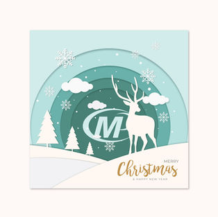 Square format card printed with cut-out style festive scene with stag, hills, trees and clouds in white. Christmas message included in bottom right.