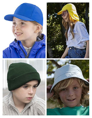 Custom kids hat options (clockwise left to right): blue Result Genuine Recycled Junior Printers Cap modelled on young child wearing blue puffer coat, white image background; yellow Beechfield Kids Legionnaire Style Cap modelled on child wearing jeans and white t-shirt in outdoor, leafy setting; dark green Result Kids Woolly Ski Hat modelled on young child wearing stone-coloured knit; sand-coloured Beechfield Kids Organic Cotton Bucket Hat modelled on young child wearing green t-shirt, sunny outdoor setting.