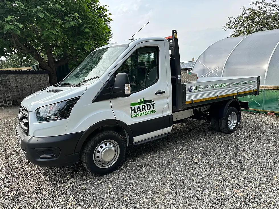 Branded Hardy Landscapes vehicle showing how vehicle graphics help local service businesses increase visibility and recognition.