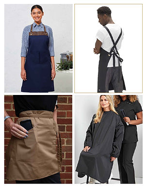 4 images combined to show customised apron styles available with Minuteman Press Cambridge. Clockwise left to right: navy denim Premier Espresso Bib Apron with faux leather trim and neckband, large metal eyelets. Shown on female model wearing blue check shirt with side table with jug, foliage and tea pot in background against textural white plastered wall; reverse view of black Le Chef Crossover Bib Apron shown on male model wearing white t-shirt and grey trousers, white image background; black Premier Waterproof Salon Gown shown on sitting model with hairdresser behind, light grey image background; khaki Le Chef Utility Waist Apron, close up of model wearing waist garment over black uniform, worn with painted grey fingernails and multi-colour watch, red brick image background.
