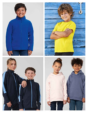 Combined images of 4 customised kidswear product options with Print Cambridge (clockwise left to right): Blue Russell Schoolgear Kids Outdoor Fleece Jacket modelled on young child; yellow Fruit of the Loom Kids Original T-Shirt modelled on yound child, painted blue timber background, young boy and girl wearing SOL'S Kids Stellar Organic Hoodies (girl left wears pale pink, boy right wears blue), grey background; boy and girlwear matching Finden + Hales Kids Knitted Tracksuits in navy with sky blue panels, grey background.