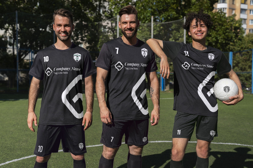 Vinyl Transfer applied to football team shirts and short. Image showing 3 players standing together wearing black customised kit with design printed in white. Players stood on pitch.