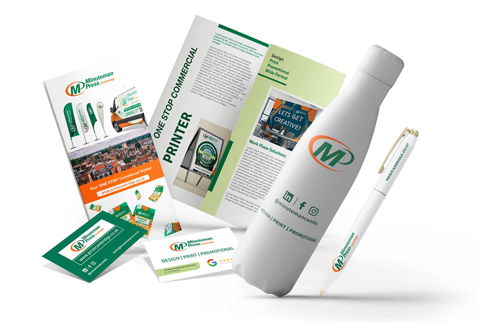 Minuteman Cambridge printed products, branded water bottle, promotional pen and business cards