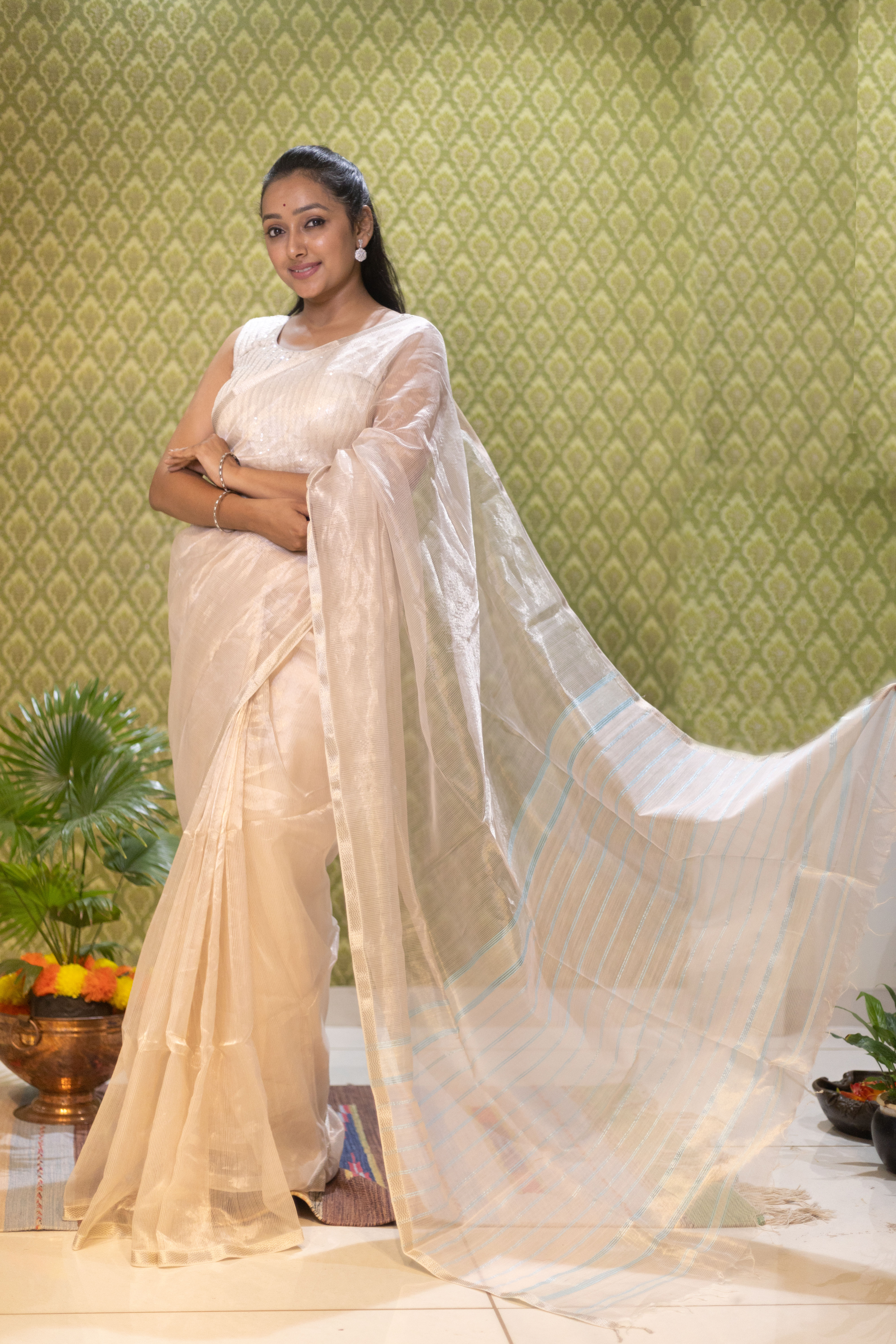 Pearl Pink Organza Silk Maheshwari Saree