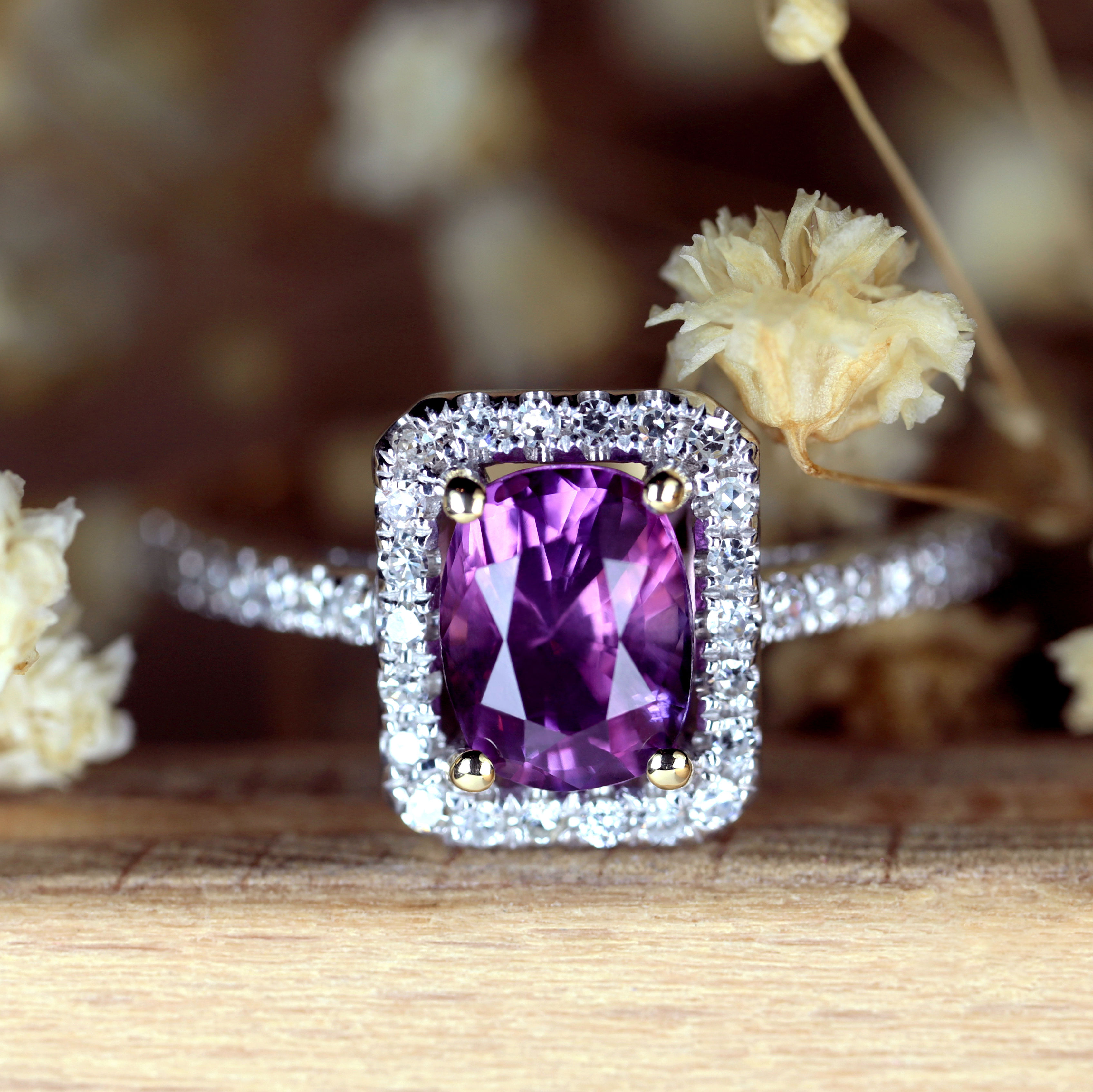 Vivid Purplish Pink Sapphire and Diamond Halo Ring – 1.60 TCW