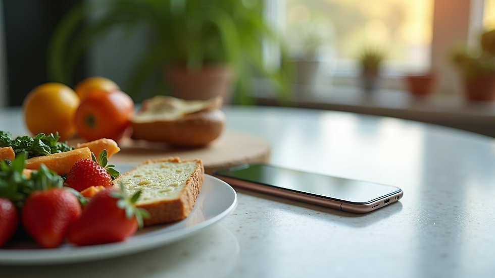 Close-up view of a healthy meal plan and a smartphone showing a nutrition app