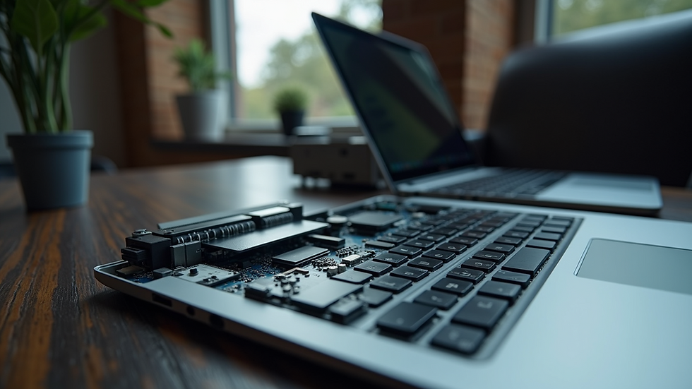 High angle view of a laptop with open casing revealing internal components