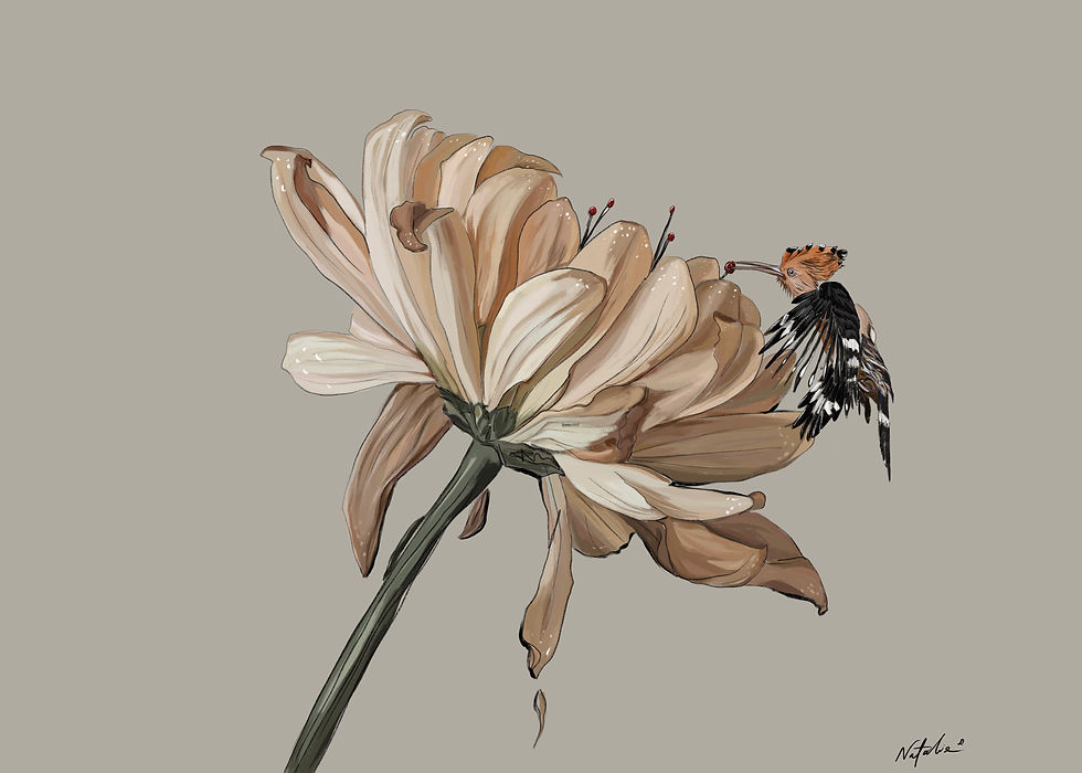 Thumbnail: art print of a big colorful flower with a bird on it