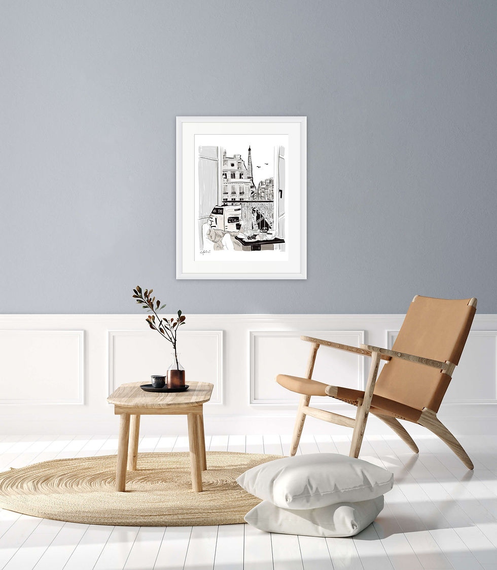 Thumbnail: הדפס איור של נופש בפריז על רקע האייפל