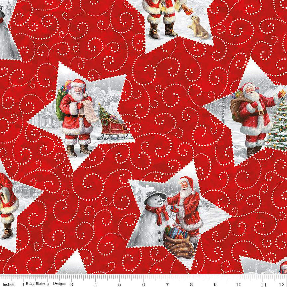 santas in stars on red
