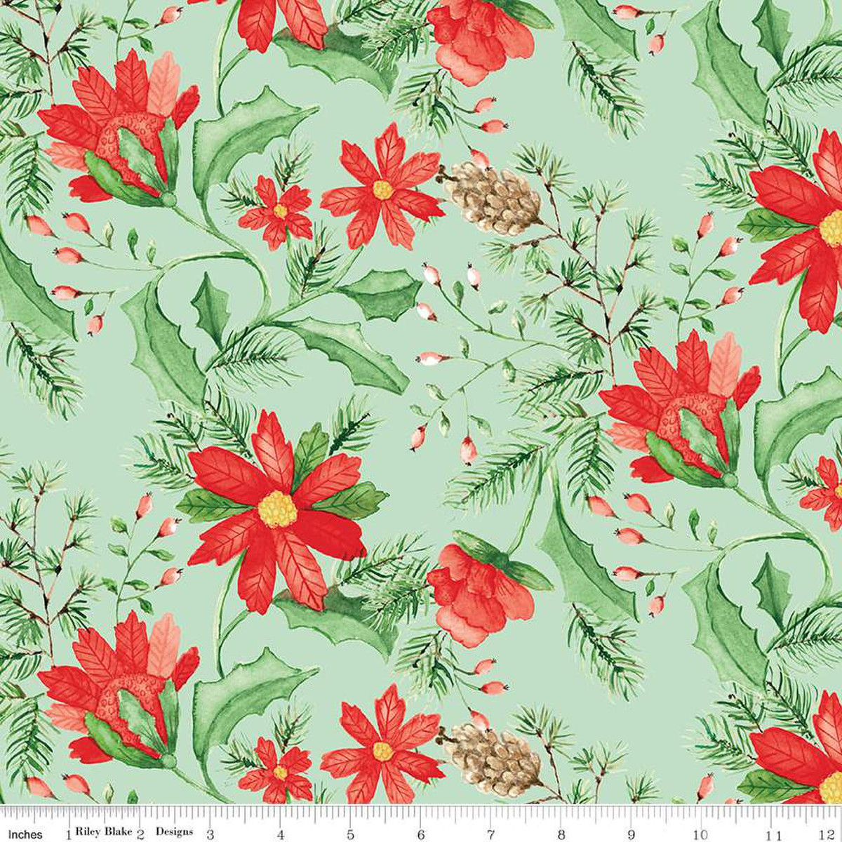 This print features flowers, leaves, pine needles, pinecones, and berries.