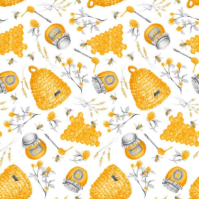 Show Me the Honey, 1339-01 Fabric  Tossed honey pots, beehives, and jars of honey on white background.