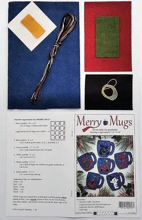 Merry Mugs Ornaments Kit by Rachel's of Greenfield - 6 Christmas Mugs Ornaments Kit with woolfelt, floss - Ornaments to make