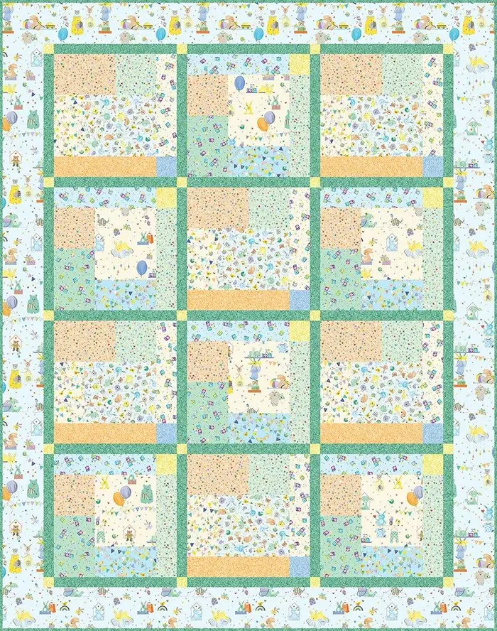 patchwork quilt featuring bunnies, playing in the babies room
