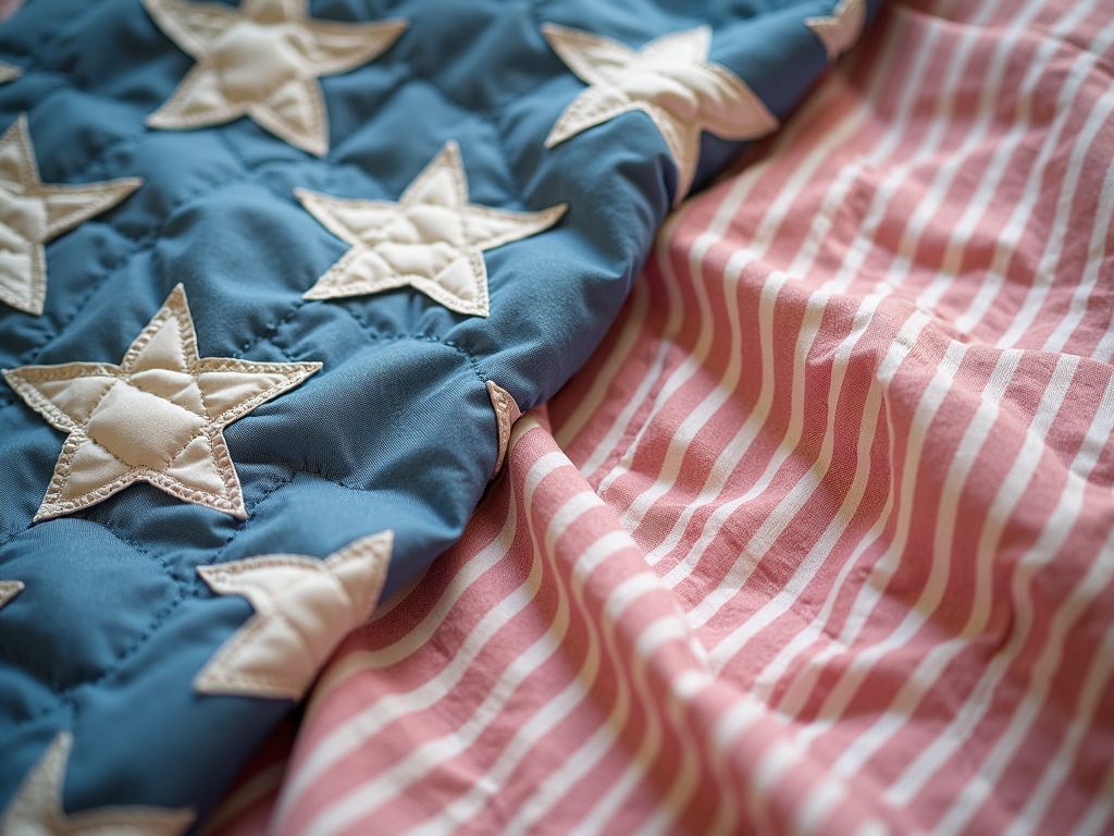 A collection of high-quality quilting fabrics with patriotic star and stripe patterns neatly folded on a wooden surface.