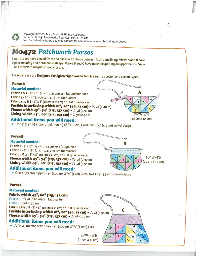 M0472 Patchwork Purse Kit with Fabric, batting and interfacing- Mary Fons