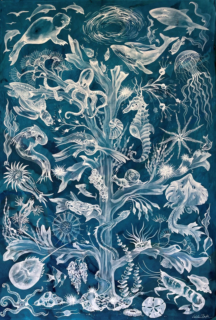 Blue watercolor of a tree with many small marine animals in and surrounding it.