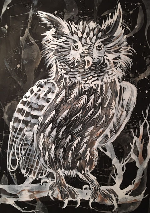 Brown and dark earth toned watercolor of an owl sitting on a branch.