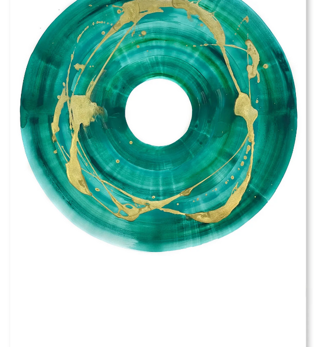 Green circular abstract watercolor painting with gold paint accents.