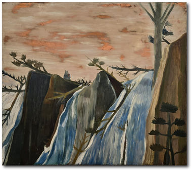 A blue, brown, and orange oil painting of a bear standing atop several waterfalls.