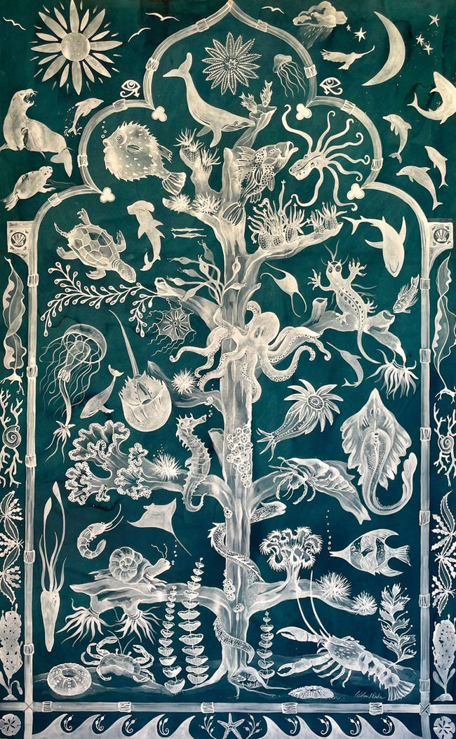 green and earth toned water color of a tree with many small marine animals in and surrounding it.