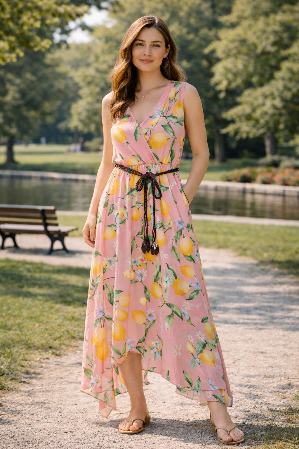 Robe rose motif citron avec ceinture