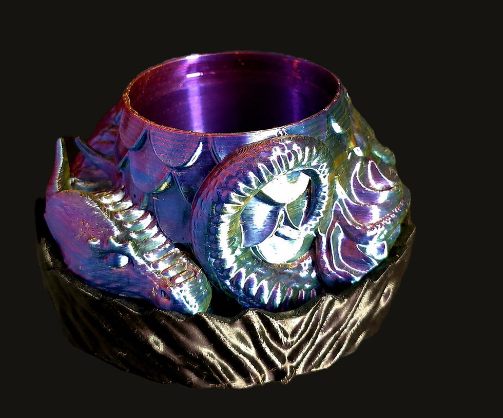 color shifting blue purple green and yellow dark fairytale gothic nesting dragon with pink polka dot plant