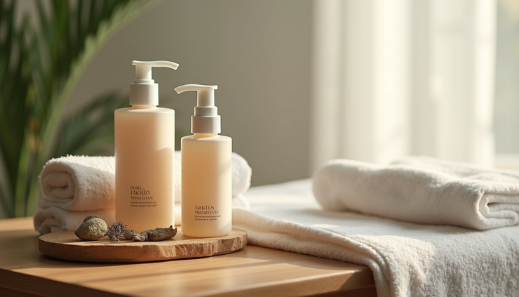 Spa setting with two lotion bottles on a wooden tray, surrounded by towels and stones. Soft natural light, calm and relaxing mood.