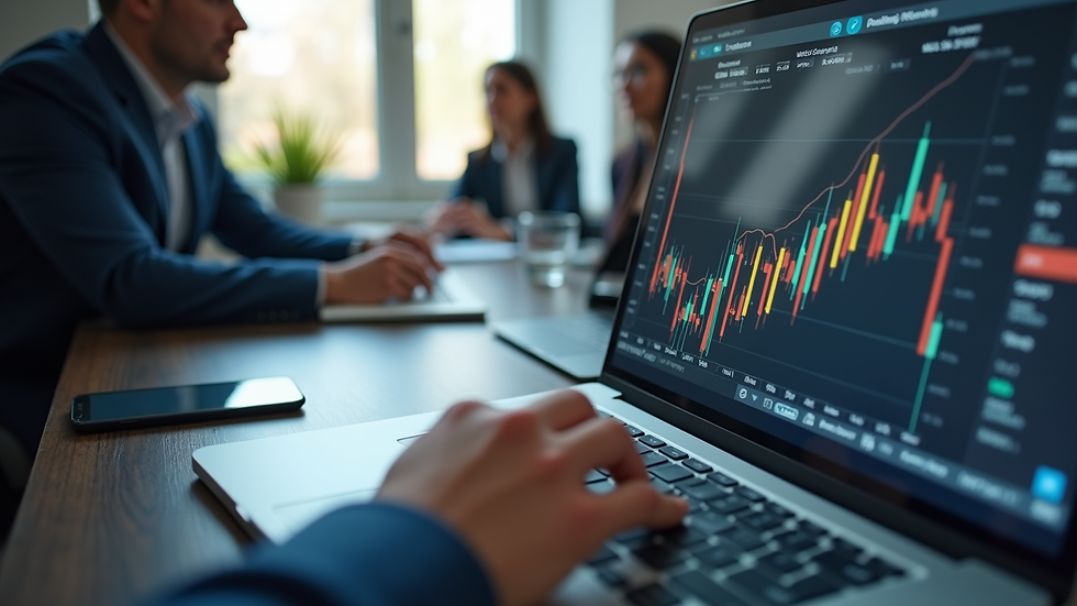 Eye-level view of a business meeting with financial charts on a laptop screen
