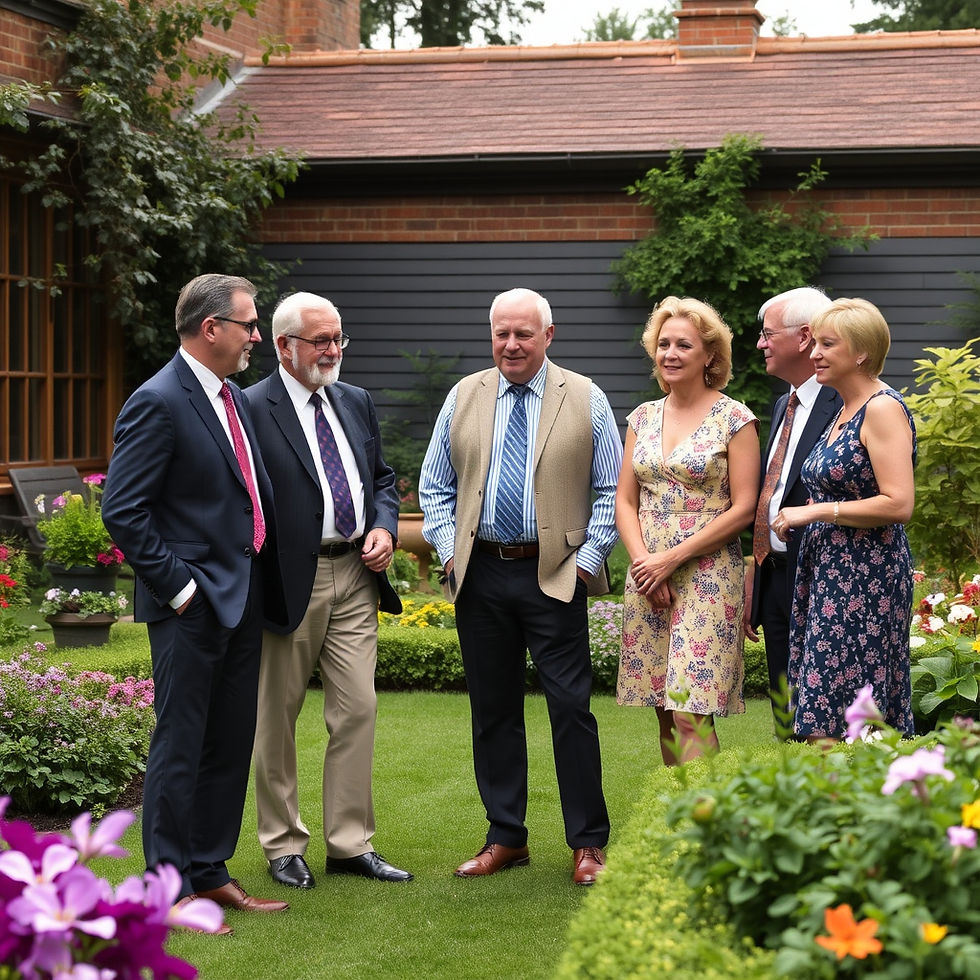 board of trustees mixed sex informally but dressed casual english less formal in a garden.