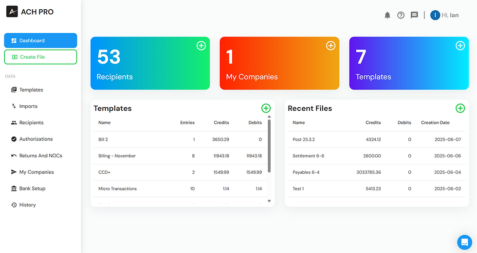 ACH Pro dashboard