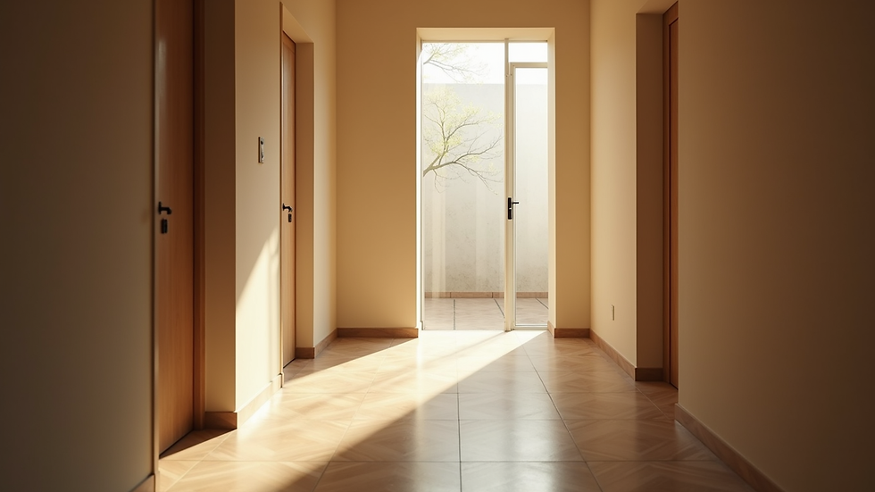 Vue latérale d’un couloir d’hôtel propre avec éclairage naturel