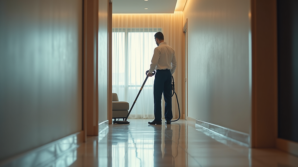 Vue en plongée d’un agent de nettoyage utilisant un équipement professionnel dans un hôtel