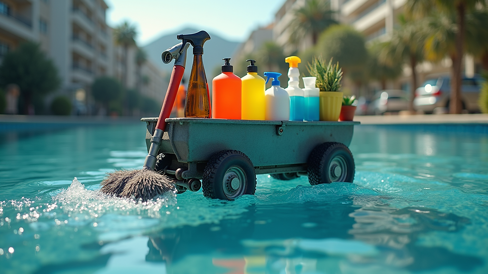 Vue en plongée d’un chariot de nettoyage professionnel avec divers produits et outils