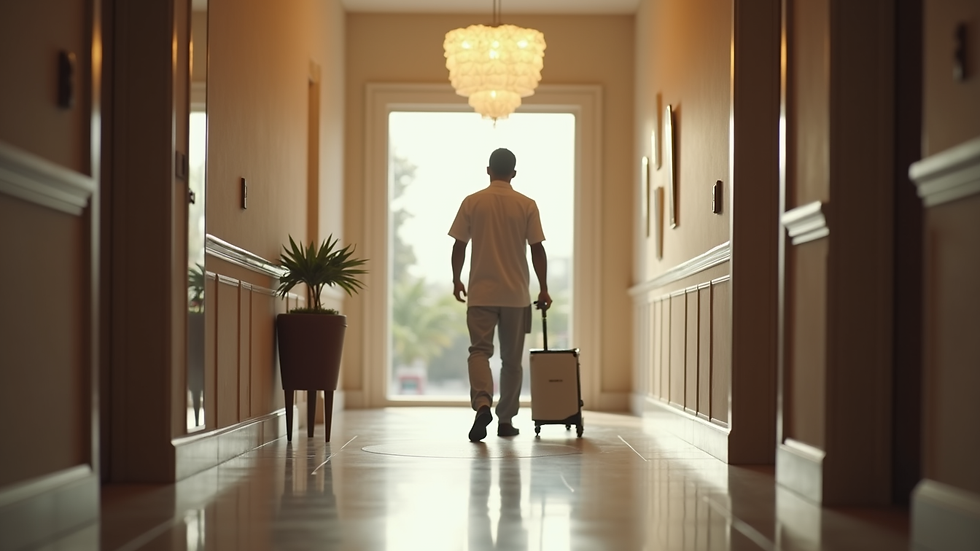 Vue rapprochée d’un agent de propreté en action dans un hall d’hôtel