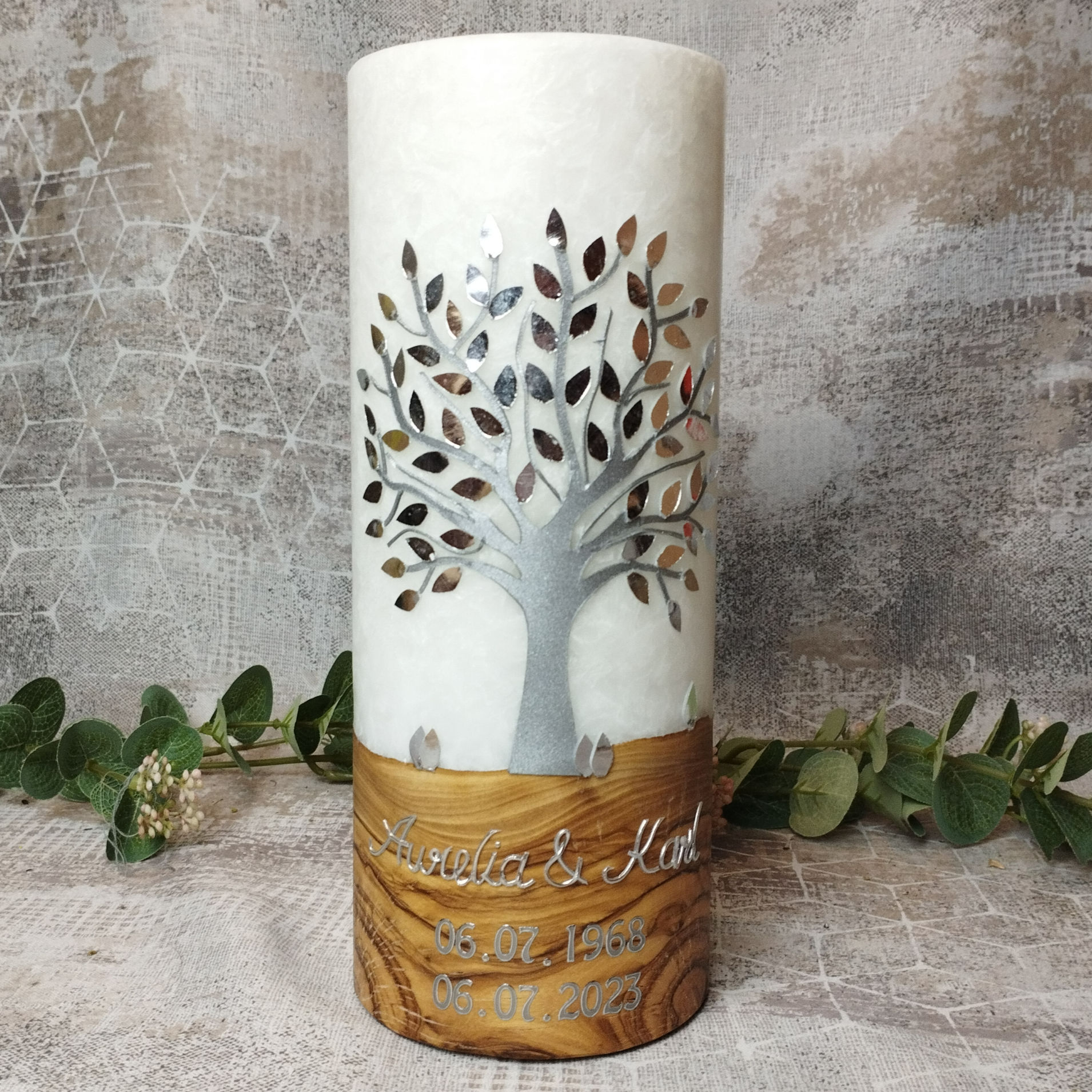 Hochzeitskerze Lebensbaum gold/silber