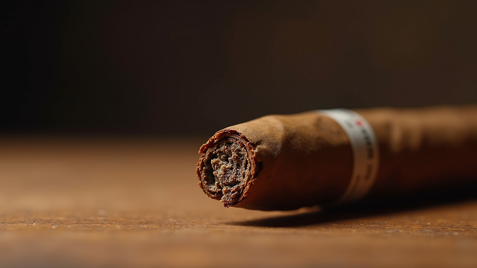 Close-up view of a cigar resting on a wooden table