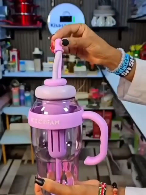 Ice Cream Water Bottle with Straw & Handle