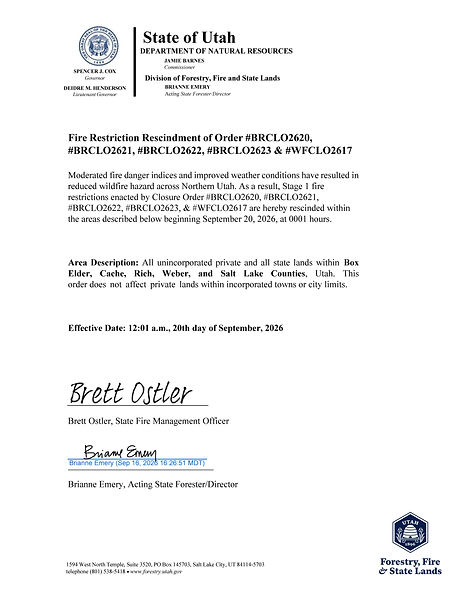 9.20.26 Box Elder, Cache, Rich, Weber, SL Fire Restriction Stage 1 Rescindments - signed 9