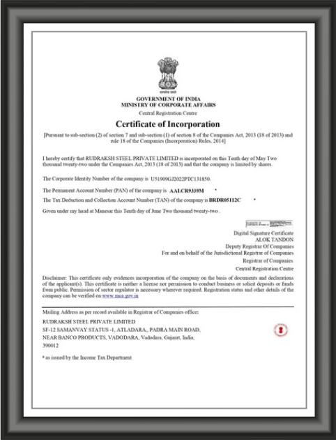 Incorporation Certificate of Rudraksh Steel