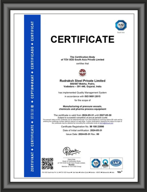 Pressure Vessel, Chemical & Pharma Process Equipment Certificate of ISO 9001:2015