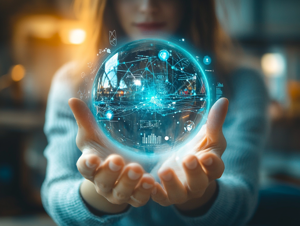 Person holding a glowing crystal ball with digital data analytics visuals inside.