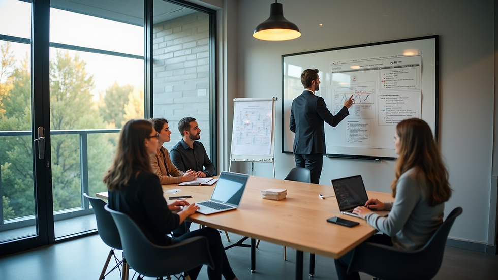 High angle view of a conference room with a team discussing workflow charts on a whiteboard